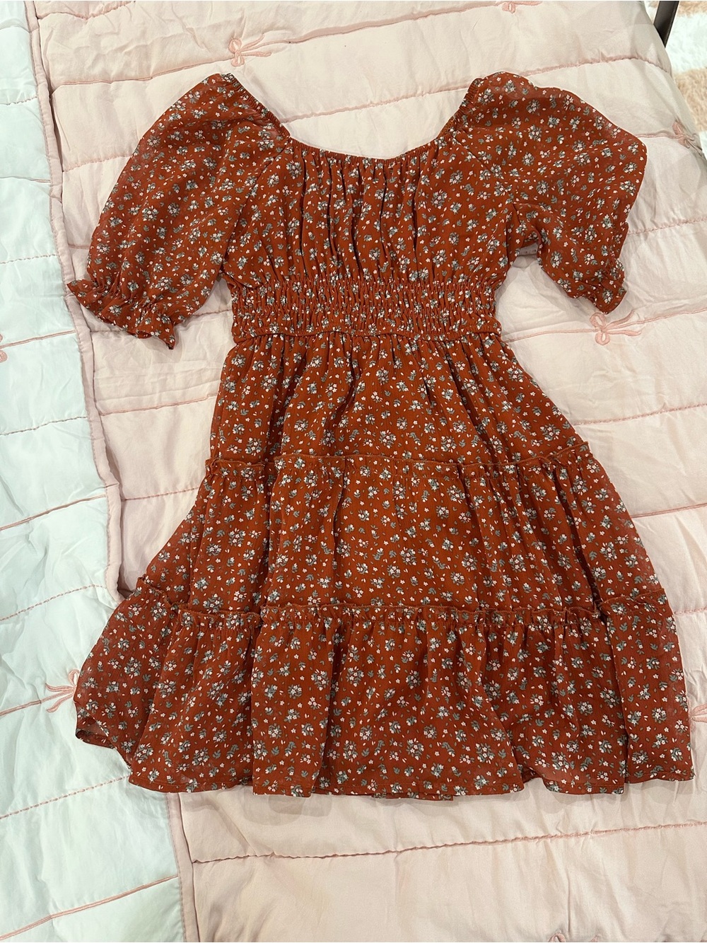 Trixxi Rust Floral Smocked Tiered Dress